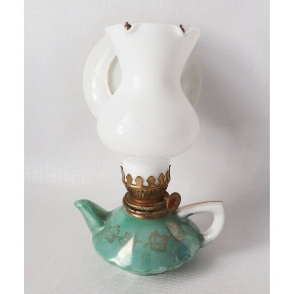 Vintage Souvenir Miniature Oil Lamp With Plate Royal Mounted Police Lusterware - Picture 5 of 10